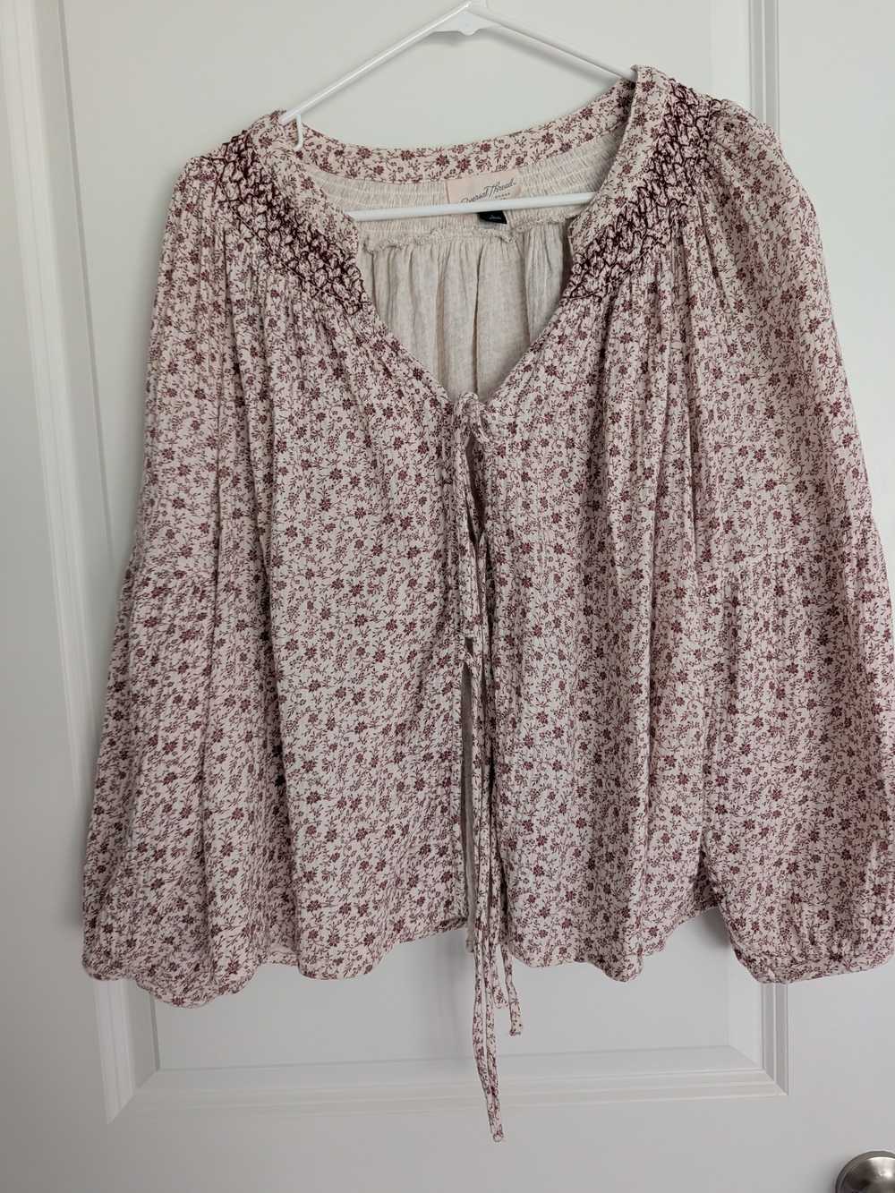 Universal Thread Floral Tie-Front Peasant Blouse - Cream and Dusty Rose
